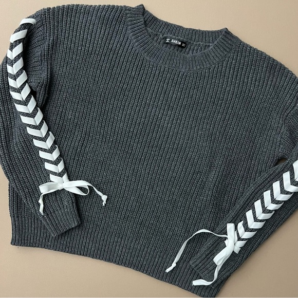 SHEIN Sweaters - Gray Lace Up Crewneck Sweater